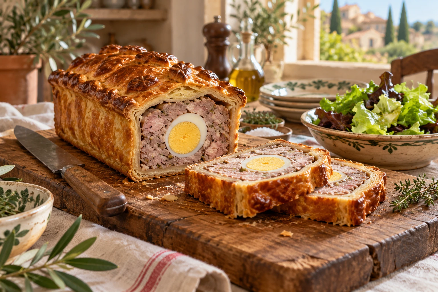 Pâté de Pâques tranché montrant les œufs durs centrés dans la farce, sur une planche en bois
